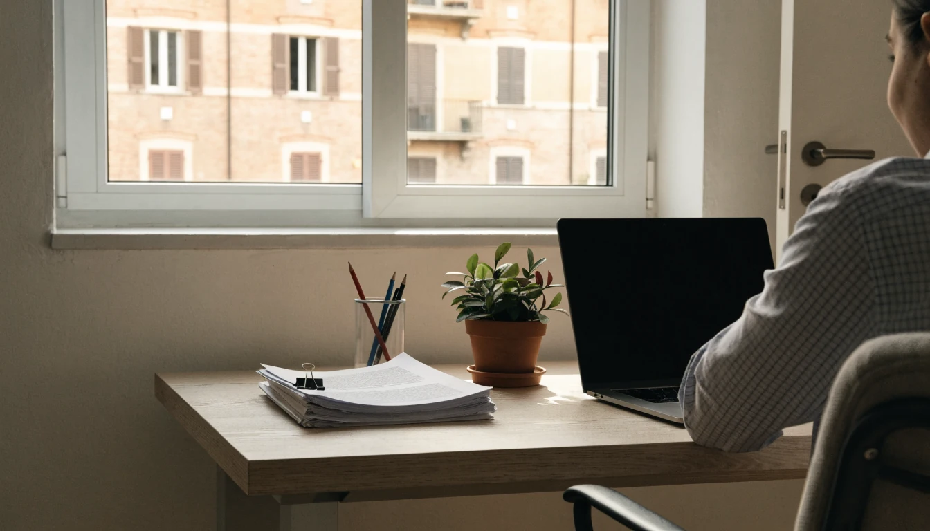 Scrivania moderna con laptop, documenti e pianta in luce naturale