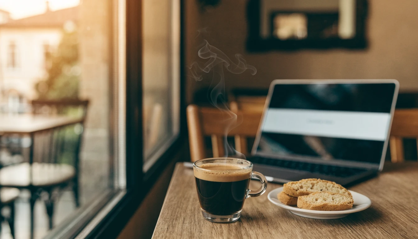 Caffè italiano con tazza di espresso, biscotti e banner cookie sul laptop