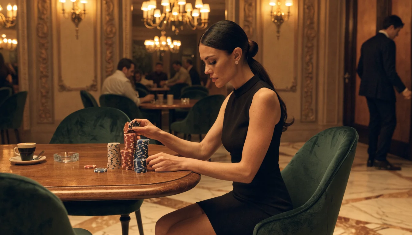 Donna elegante conta fiches in un casinò elegante con luci calde