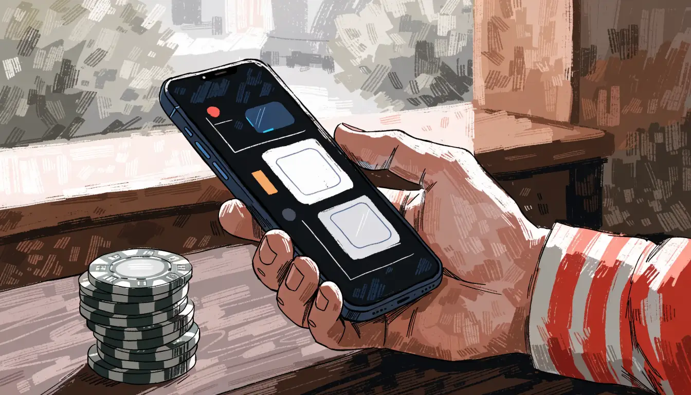 Mano con smartphone mostra icone di portafogli digitali e fiches