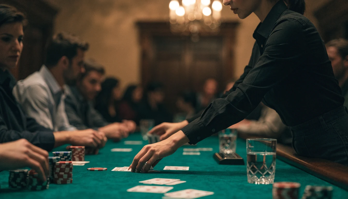 Croupier professionale distribuisce carte su tavolo da live casino