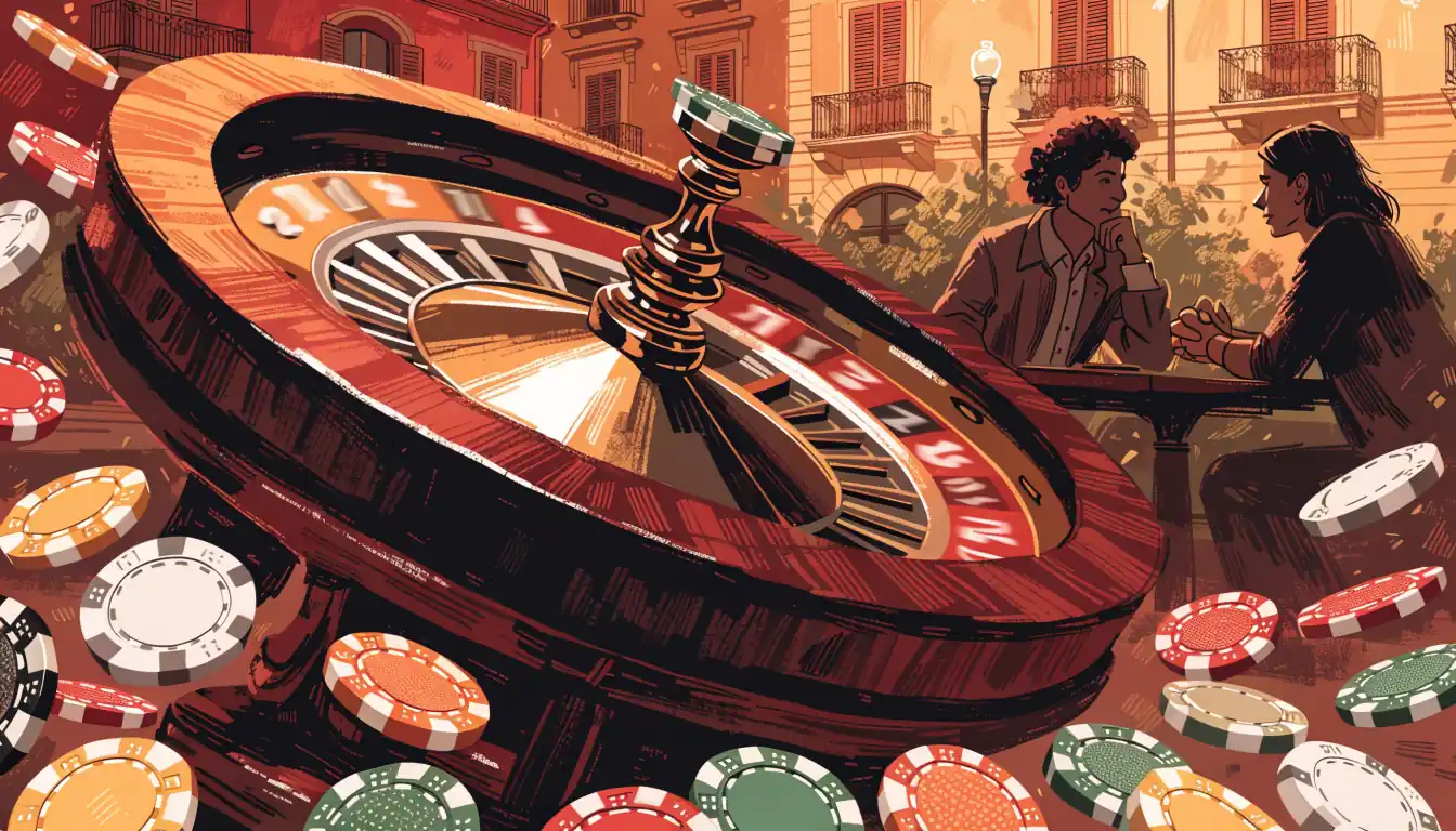 Ruota della roulette in movimento con fiches colorate