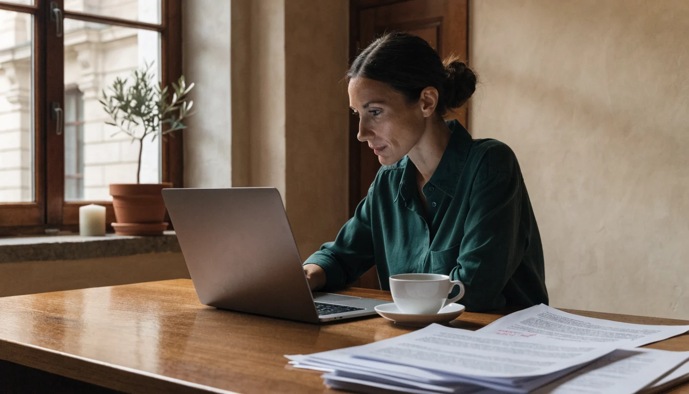 Donna professionale in ufficio italiano che esamina una politica sulla privacy