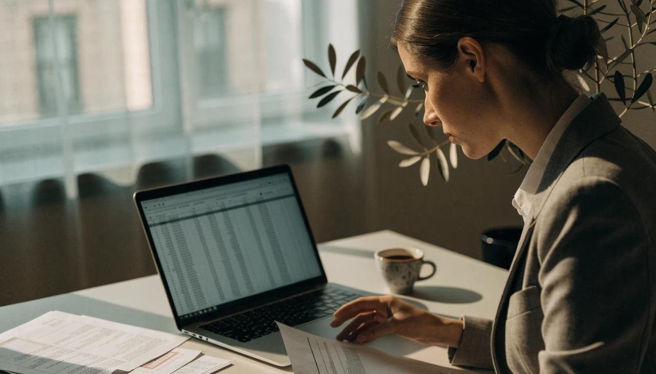 Donna professionista in ufficio italiano con tazza di espresso